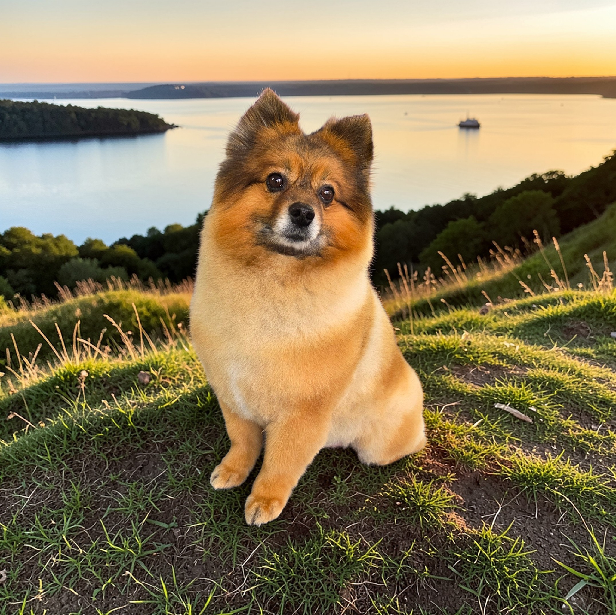 Verzorgde kleine hond buiten bij zonsondergang